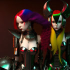 Stylized female figures with colorful hairstyles in gothic costumes