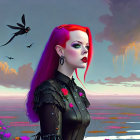 Stylized portrait of woman with red hair in gothic attire against fantastical seascape
