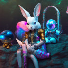 Four individuals in rabbit masks and elaborate costumes against a dark, moody background.