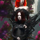 Two women with vibrant red hair in black outfits among lush flowers.