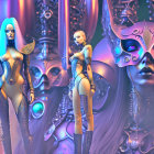 Three stylized futuristic warrior women with elaborate headgear and armor in neon backdrop.