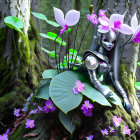 Female humanoid character in silver armor among purple flowers and green leaves.