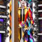 Futuristic image: Mannequin with red hair in geometric clothing among server racks