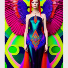 Colorful Woman with Rainbow Wings and Hair in Feathered Dress