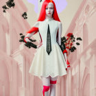 Vibrant red-haired female figure in surreal setting