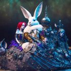 Anthropomorphic rabbits in elaborate armor under a cosmic backdrop