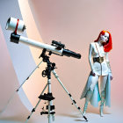 Red-haired woman in futuristic white outfit by large white telescope on pink gradient backdrop