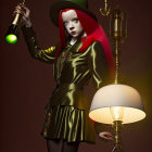 Red-haired woman in green hat with steaming potion next to classic lamp