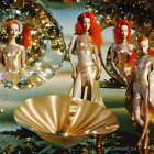 Four mannequins in futuristic metallic outfits with red hair among reflective bubbles and golden elements on a