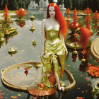 Red-Haired Female Figure in Green Dress on Golden Platform by Serene Pond