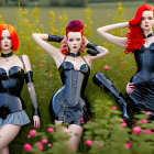 Three Women with Red Hair in Black Corseted Outfits Among Greenery and Pink Flowers