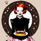 Smiling woman with red hair holding jelly-filled donut in ornate frame