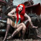 Digital artwork: Female figure with red hair & green corset on gray backdrop with mystical, Gothic vibe