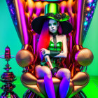 Vibrant purple hair person in gothic makeup on neon-lit throne