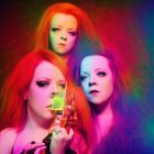 Three women with vibrant hair and makeup pose with sci-fi-style weapons against colorful backdrop