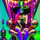 Colorful futuristic digital art of stylized female character in wide-brimmed hat.