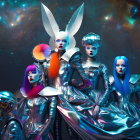 Avant-garde metallic dresses and colorful wigs on models against cosmic backdrop