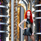 Red-haired woman in futuristic black outfit in vibrant sci-fi setting