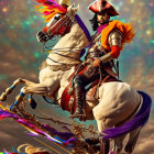 Elaborate historical armor figure on white horse under cloudy sky