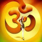 Red-haired person in stylish outfit on vibrant yellow background with abstract orange shapes