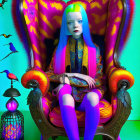 Blue-haired woman in colorful outfit on neon-lit throne chair