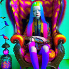 Colorful digital artwork: Woman with multicolored hair on patterned throne