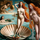 Surreal stylized female figures in fantastical sea setting