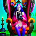 Colorful fantasy portrait: Girl with pink hair on throne with birds, candle, lantern