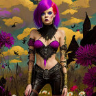 Purple-haired woman with crown motif, black outfit, surrounded by flowers and butterflies.