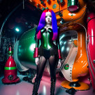 Futuristic woman with purple and red hair in green corset among sci-fi equipment and orange infl
