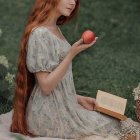 Woman with Long Red Hair in Floral Dress Sitting Among Greenery Holding Pink Flower