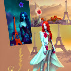 Surrealist artwork: Two stylized women in Parisian motif with Eiffel Tower backdrop