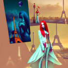 Stylized women with Eiffel Tower backdrop and floral elements in artistic composition