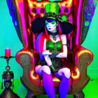 Fashion-forward person with red hair in green top hat on ornate throne