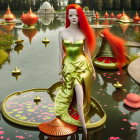 Red-haired woman with tattoos in surreal landscape with pink water and lotus flowers
