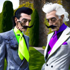 Stylized dapper gentlemen with sharp mustaches in blue and white suits in a manicured garden