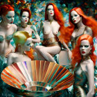 Six women with red hair in gold and green outfits around seashell in pond setting