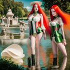 Identical 3D-rendered female figures with red hair, colorful corsets, in garden by