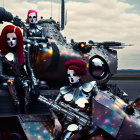 Futuristic women in red hair and metallic suits near silver vehicles in sci-fi city