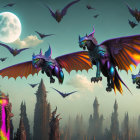 Dragons flying over moonlit sky with spire-like trees and gothic structures in mystical orange atmosphere