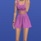 3D rendering of woman in pink floral bustier, short skirt, and metallic blue heels