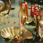 Stylized women with red hair in golden outfits in fantastical pond setting