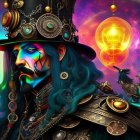 Steampunk-style artwork featuring character with blue beard in cosmic city.