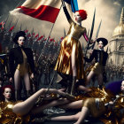 Surreal army of mannequin-like figures with female leader in golden dress among flags and classical