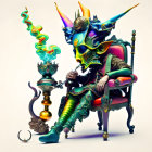 Colorful psychedelic jester on throne with smoke-emitting scepter in surreal setting