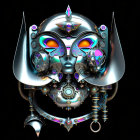 Symmetrical Female Face with Metallic Decorations and Floating Orbs