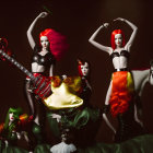 Surrealist art: Four women with fiery hair, animalistic features, white rabbit, guitar,