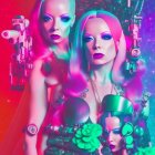 Three women with stylized hair and makeup in cyberpunk-inspired artwork.