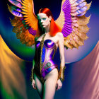 Fantasy costume model with golden wings and vibrant makeup