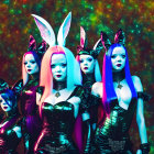 Five Women with Colorful Hair and Bunny Ears in Black Outfits on Galactic Background